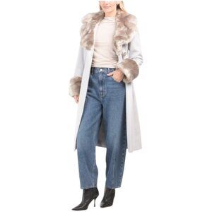 VIA SPIGA Wool Blend Belted Coat With Faux Fur Collar And Cuff